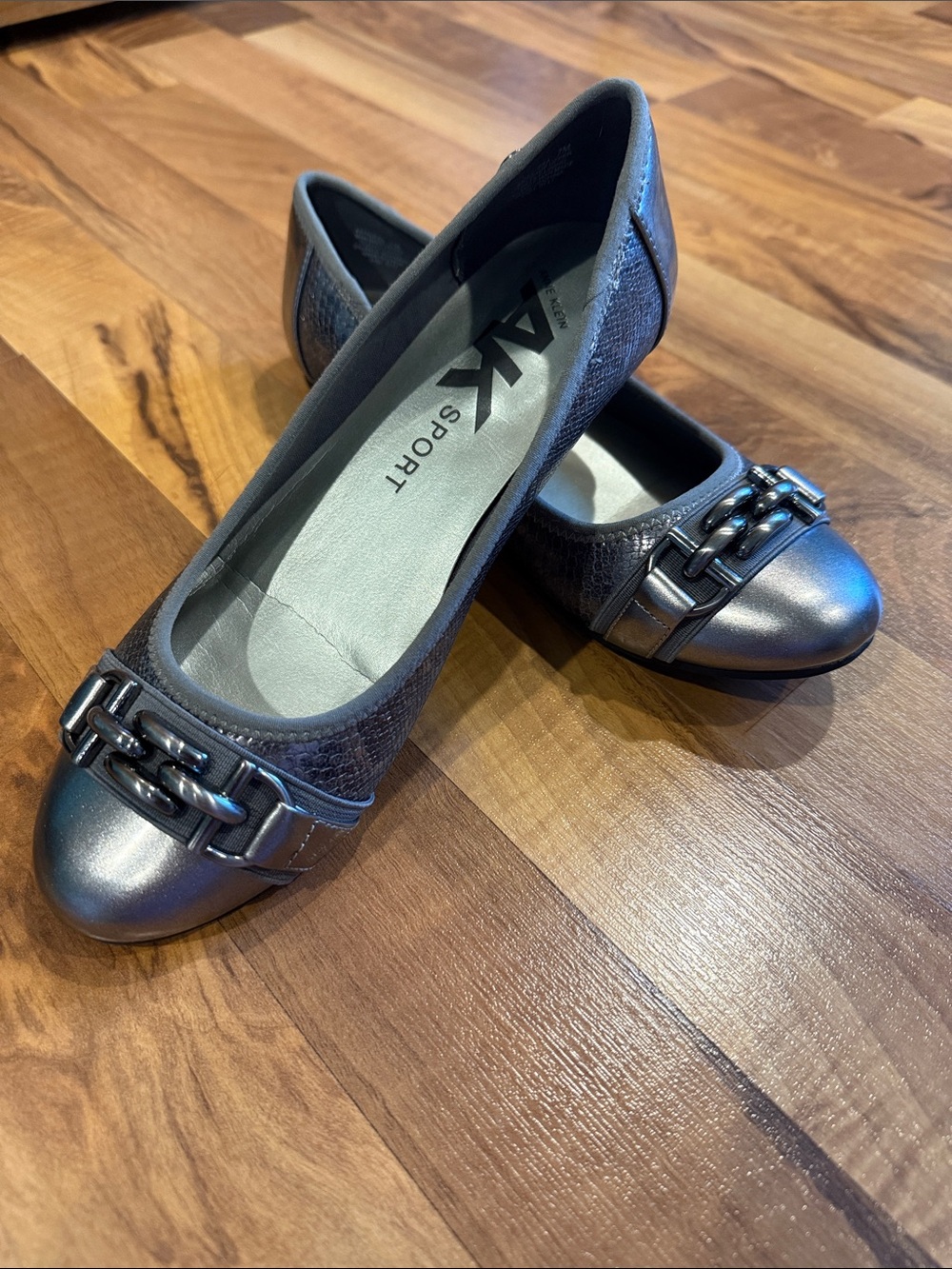 Anne Klein Sport Metallic Gray Chain-Trim Ballet Flats